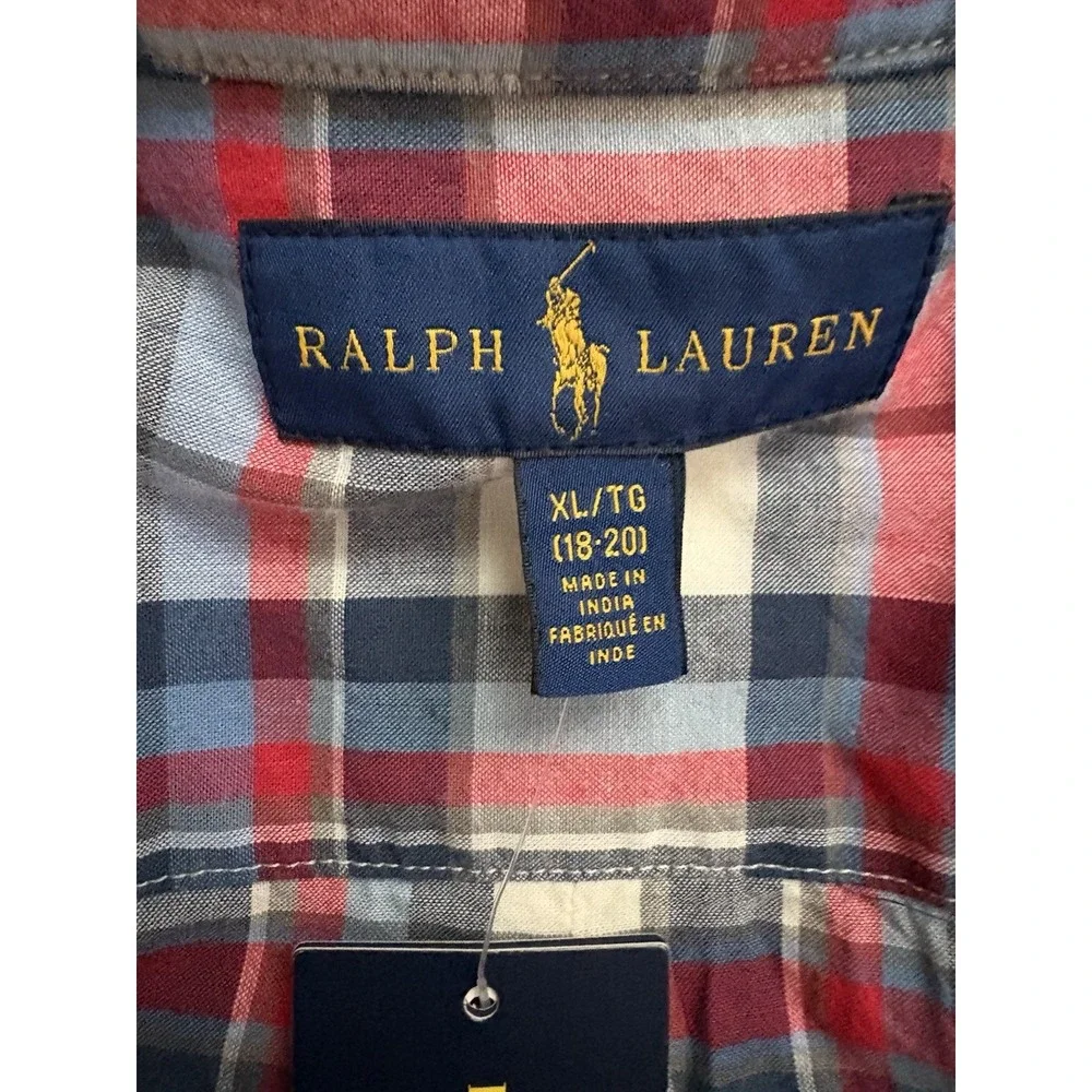 NEW Polo Ralph Lauren Boy's Button-Down Short Sleeve Shirt White Red Navy XLARGE - Picture 5 of 12